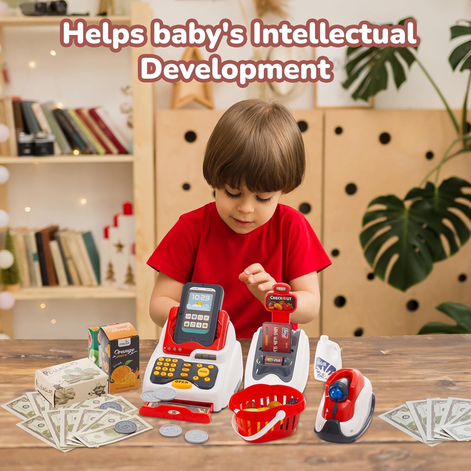 Detalle 2 de Qivange kids toy cash register set with scanner, music & play money (age 3+)