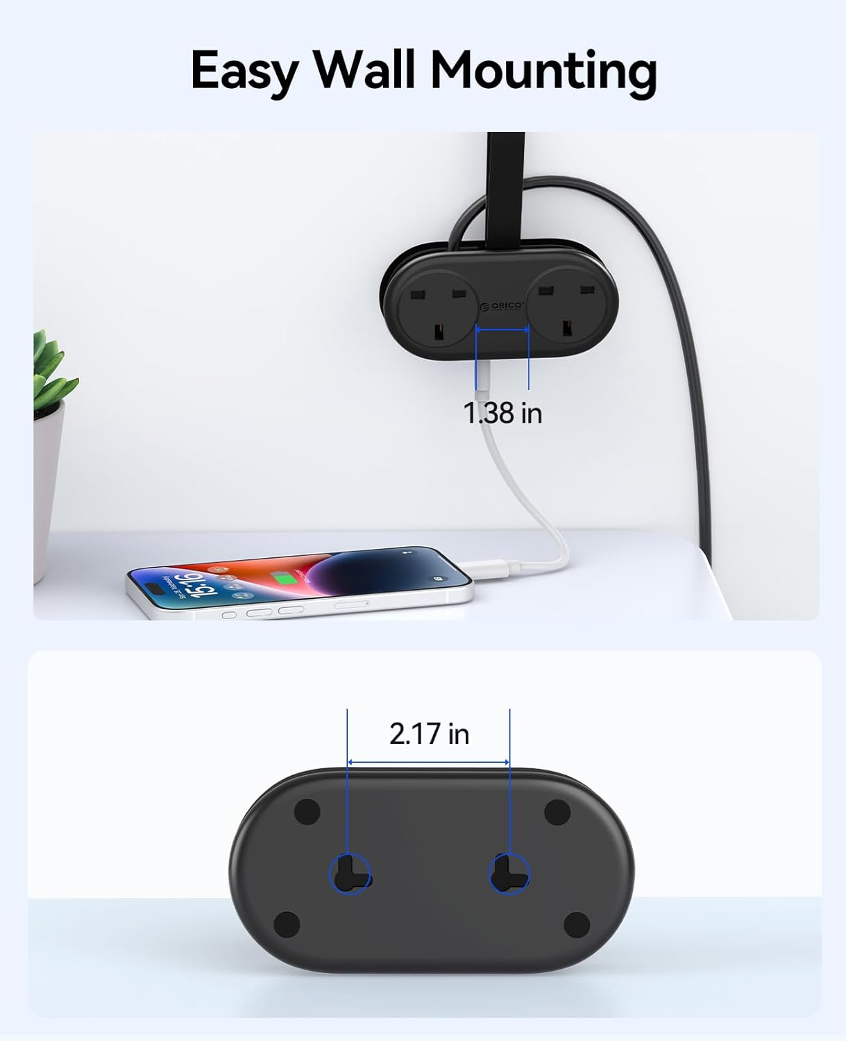 Detalle de ORICO Travel Extension Lead with USB Slots (2 outlets, 3 USB ports, 13A) – rollable power strip for travel and home