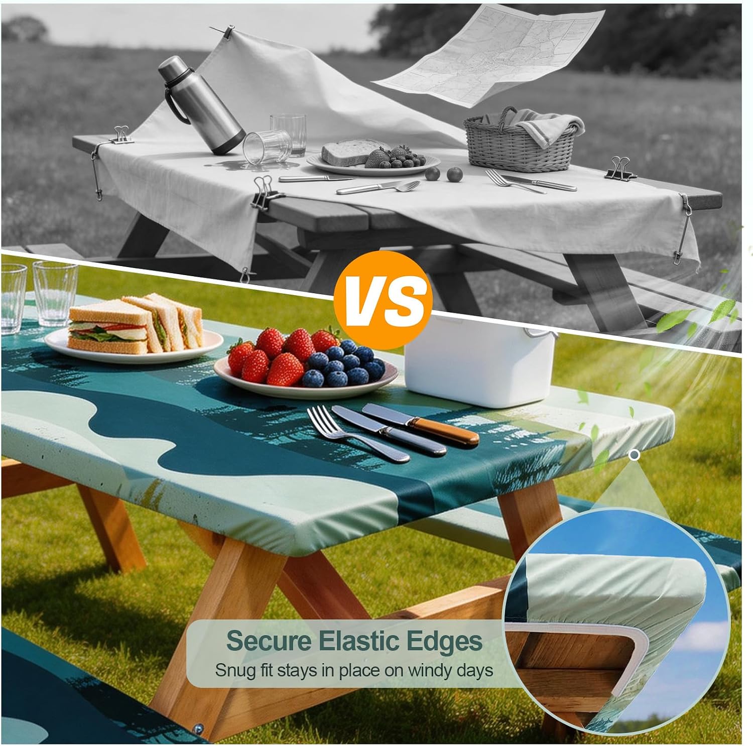 Thumbnail 3 de Picnic Table Cover with Bench Covers (96in, Green/Blue) – Waterproof, Windproof Outdoor Tablecloth Set