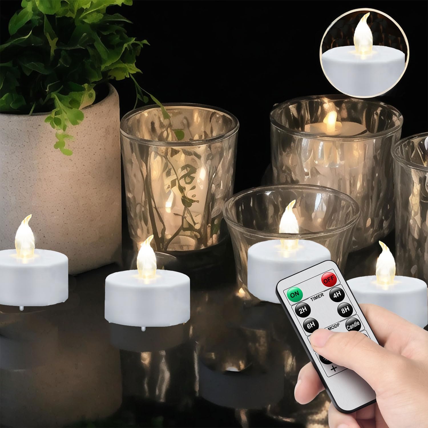 Thumbnail 5 de 5er-Set flammenlose LED-Teelichter mit Fernbedienung und Timer – Warmweiß (Halloween & Deko)