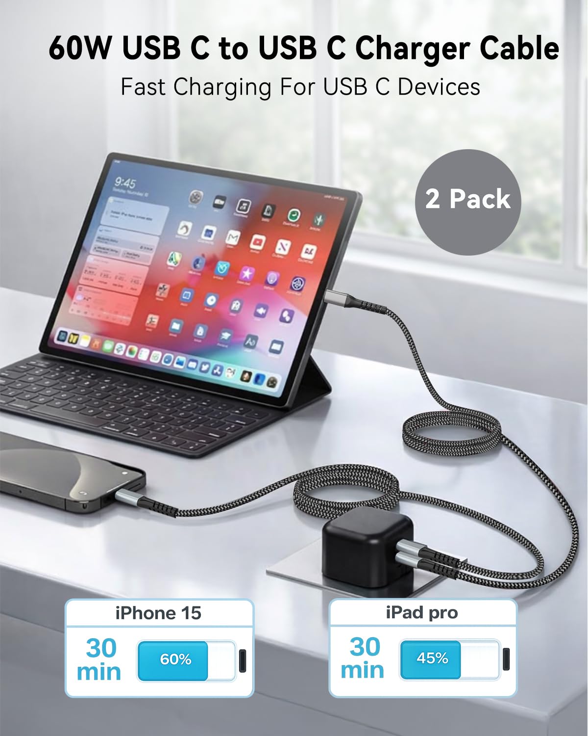 Thumbnail 1 de BLITEZZ USB-C to USB-C Charger Cable 2m (2-Pack) with PD up to 60W