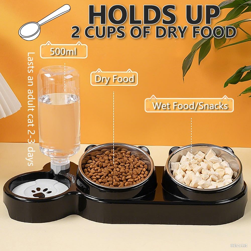Detalle 2 de 3-in-1 Cat Food and Water Bowl Set — Tilted Stainless Steel