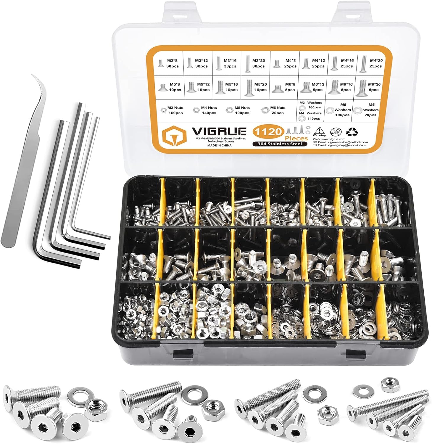 VIGRUE 1120PCS M3–M6 Senkkopfschrauben, Innensechskant, A2-70 Edelstahl, Inklusive Muttern, Unterlegscheiben & Aufbewahrungsbox