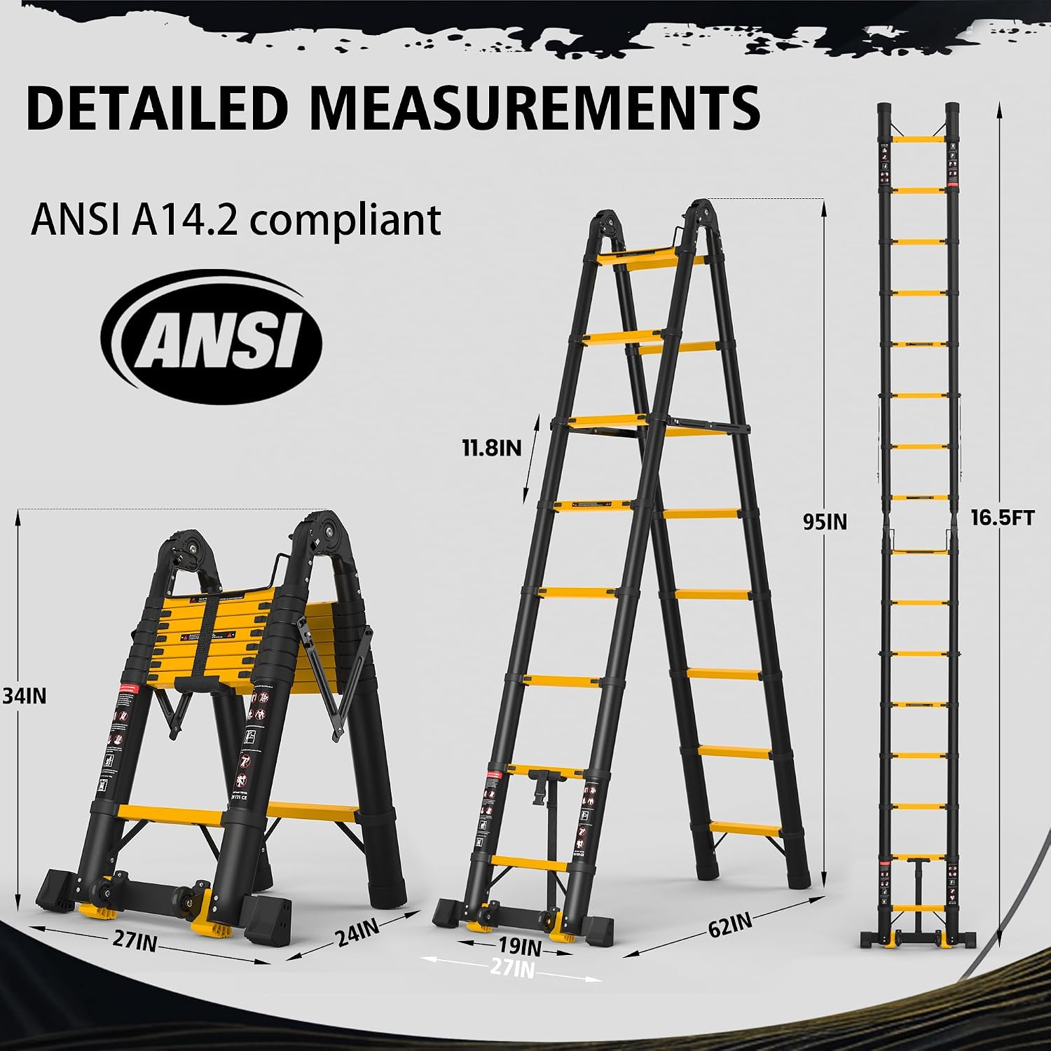 Detalle 2 de SINMEIRUN 16AFLY Telescoping Ladder, 16.5 ft, 330 lb, A-Frame and Extension
