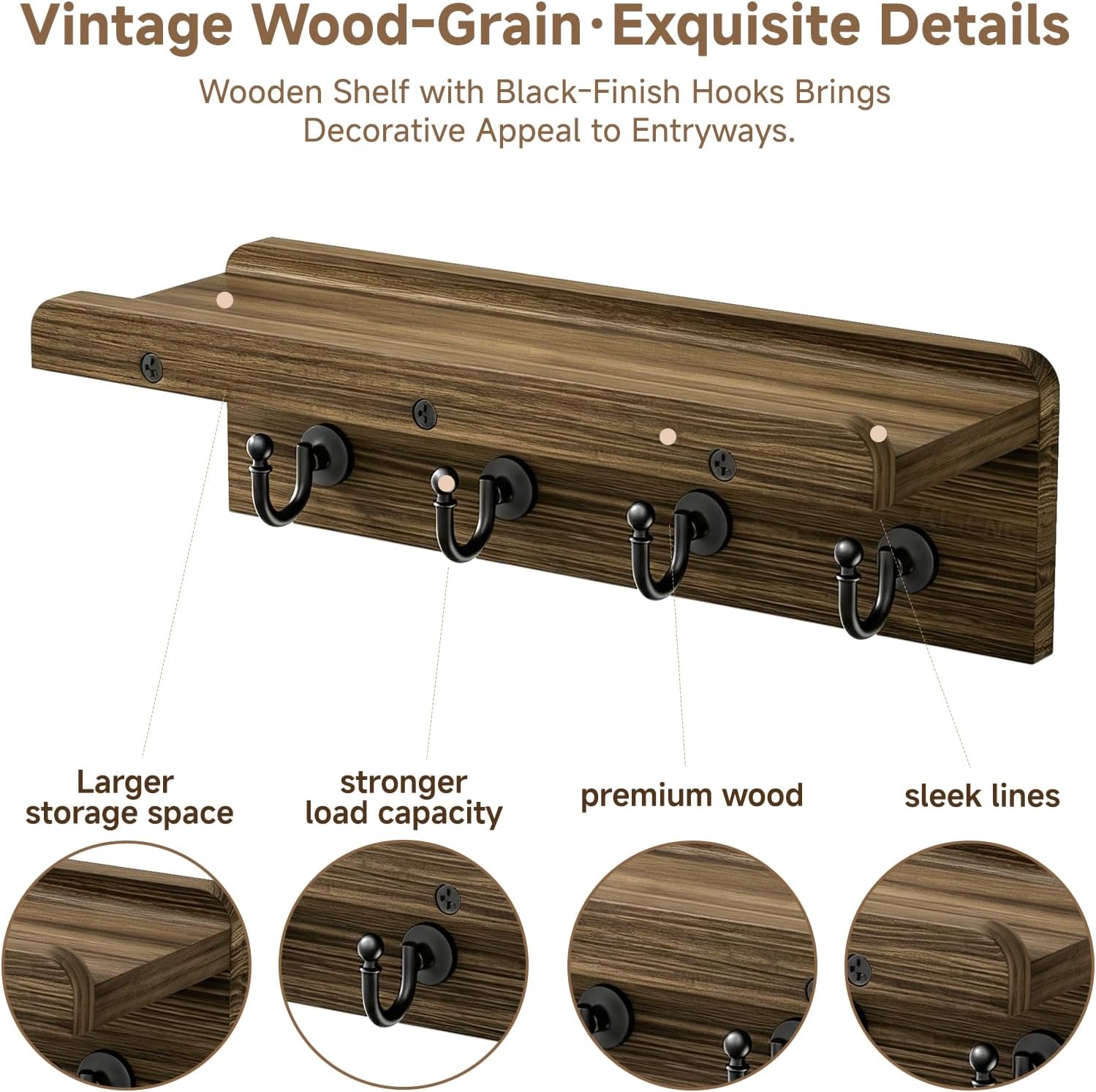 Detalle de KISENG KH-mini-zhiban Wall-Mounted Key and Mail Organizer, 4 Hooks, Wood