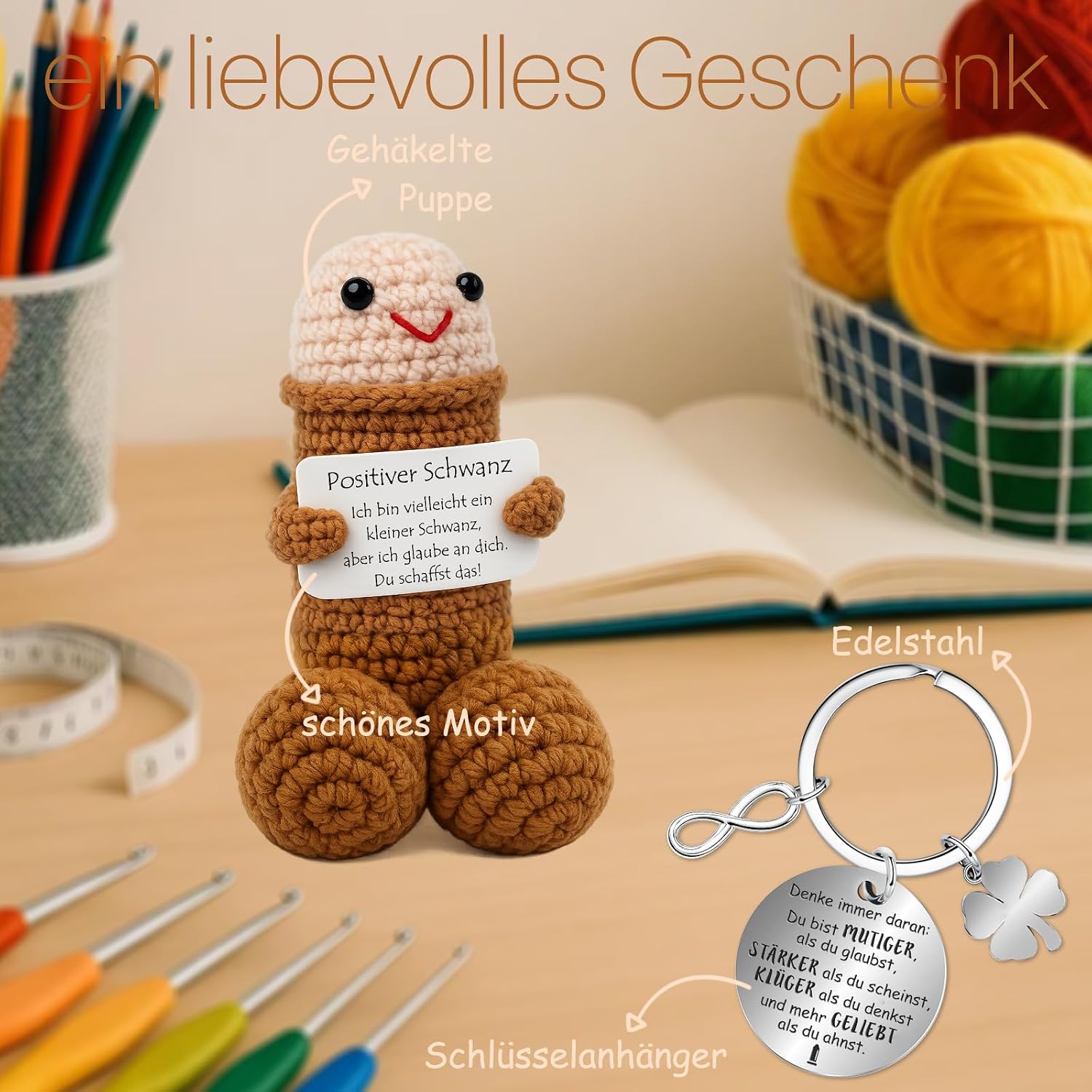 Detalle 2 de Farbeele Positive Eule & Glücksbringer-Schlüsselanhänger – Handgefertigtes Mutmacherset