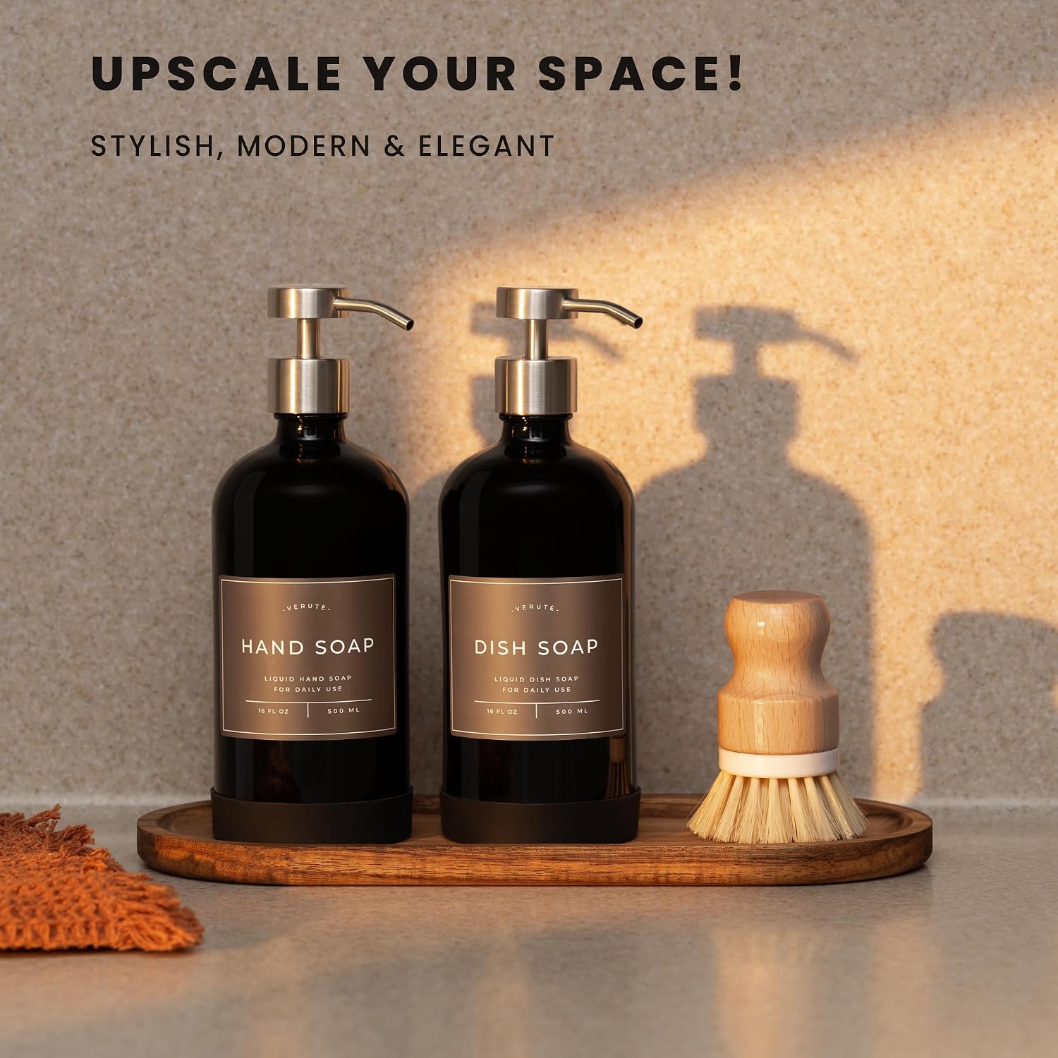 Detalle de Verute BLGL16SS2 Glass Soap Dispenser Set, Gloss Black with Steel Pumps