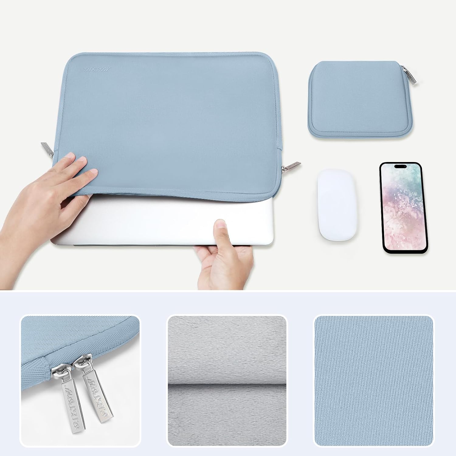 Detalle 2 de MOSISO 13.3 inch Laptop Case with Small Pouch – Airy Blue Neoprene Sleeve