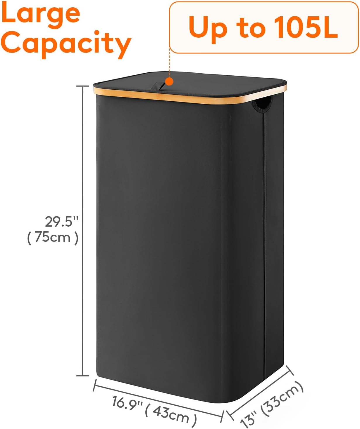 Thumbnail 2 de Lifewit 100L Laundry Basket with Lid, Foldable Hamper with Removable Bag and Bamboo Handles (Black)
