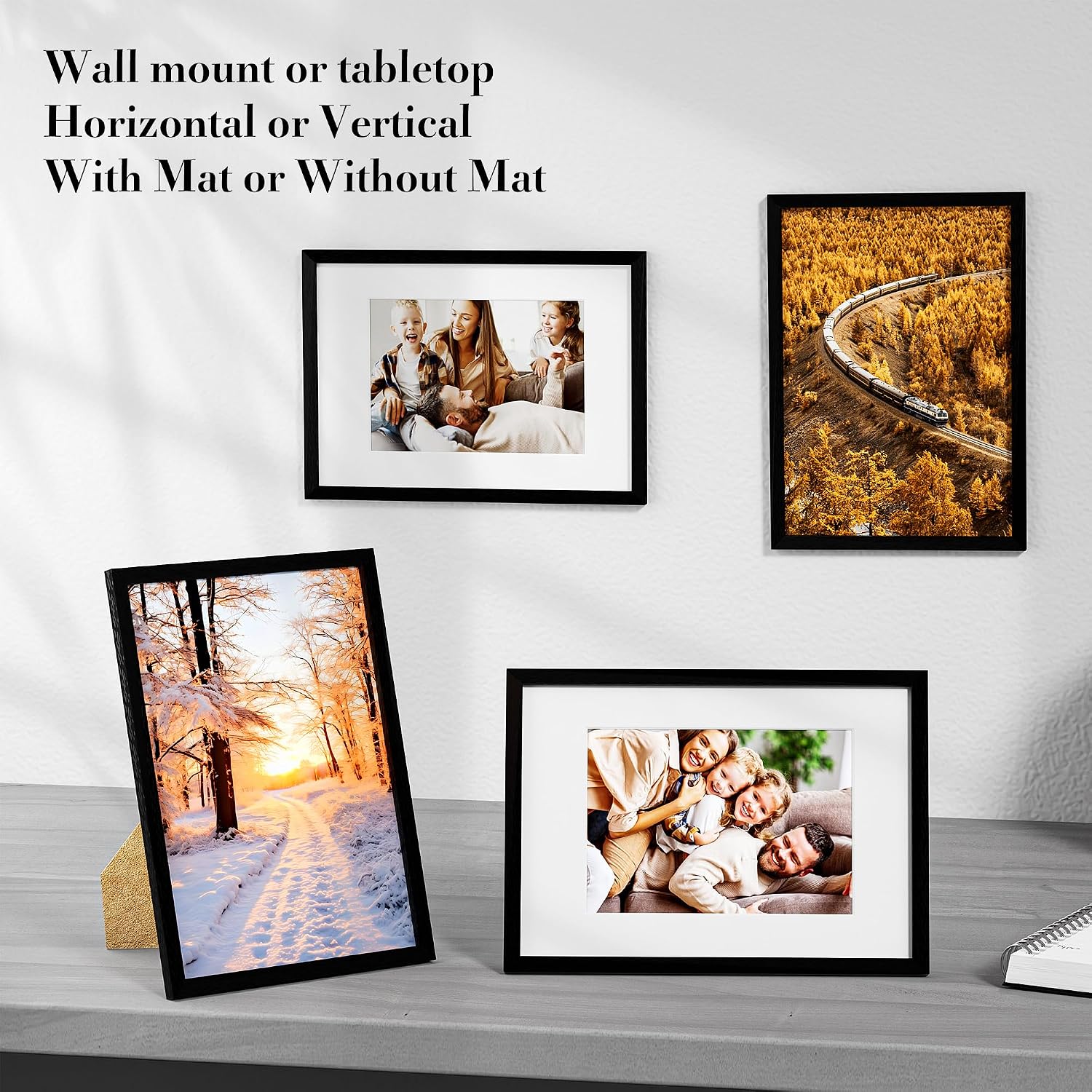 Detalle de wyewye A4 Frame 3 Pack (21 x 29.7 cm) black wood picture frames with plexiglass window and A5 mount