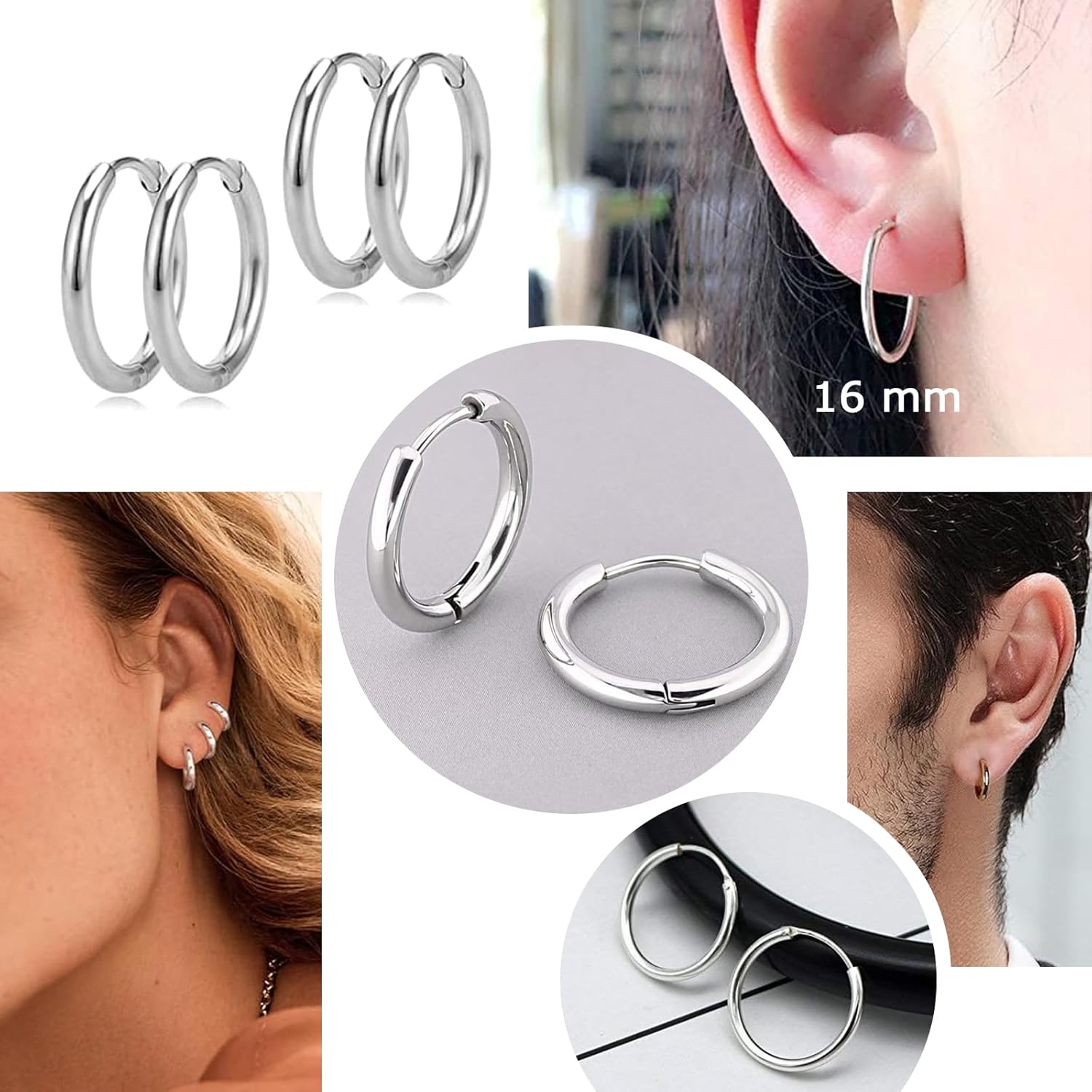 Detalle 2 de 8 Paia di Orecchini in Acciaio Inossidabile 316L: Cerchi Chirurgici Ipoallergenici 6–20 mm