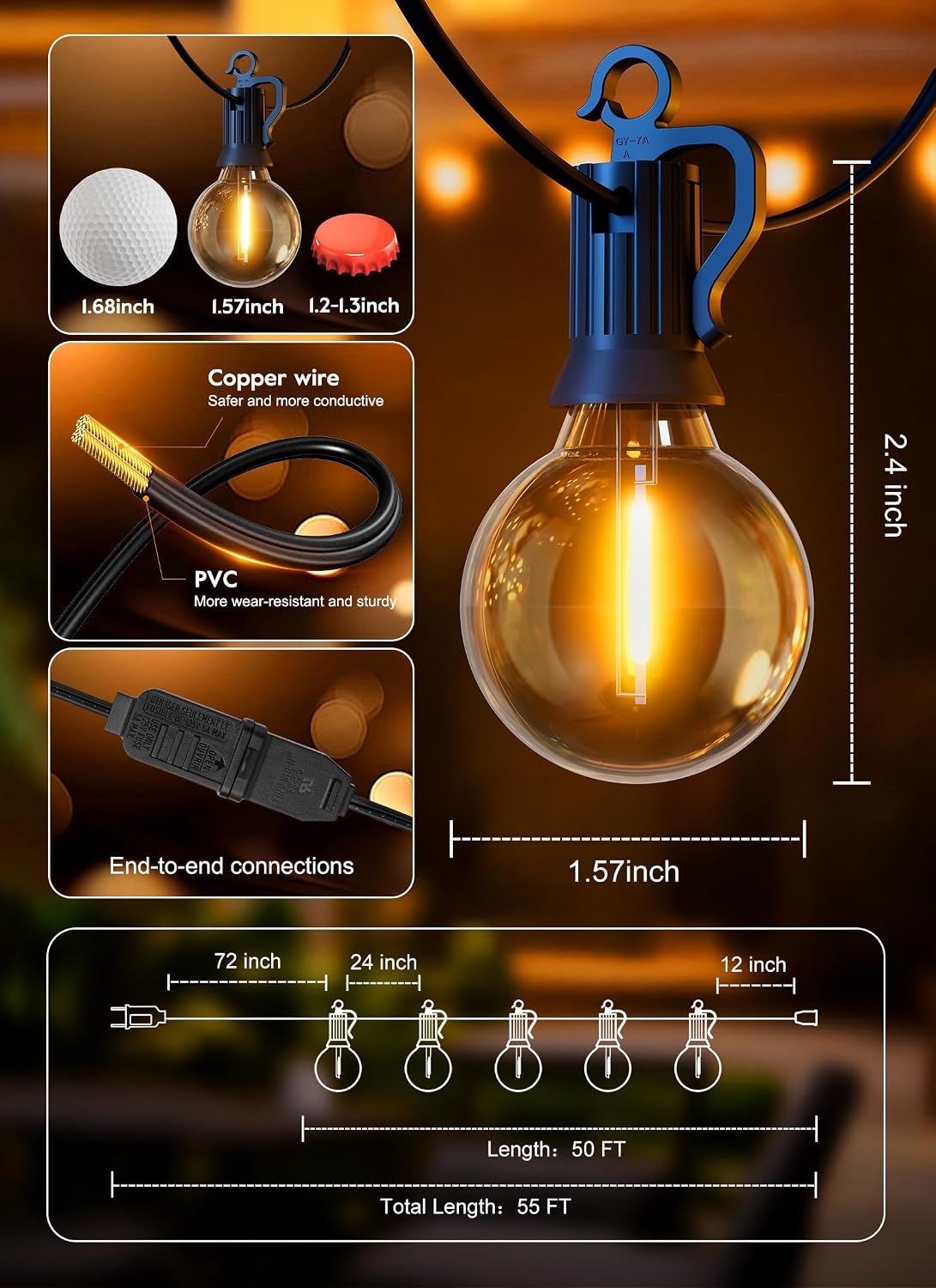 Detalle de Brightown Outdoor String Lights: 50 ft of Shatterproof G40 LED Bulbs, IP65 Waterproof & Connectable