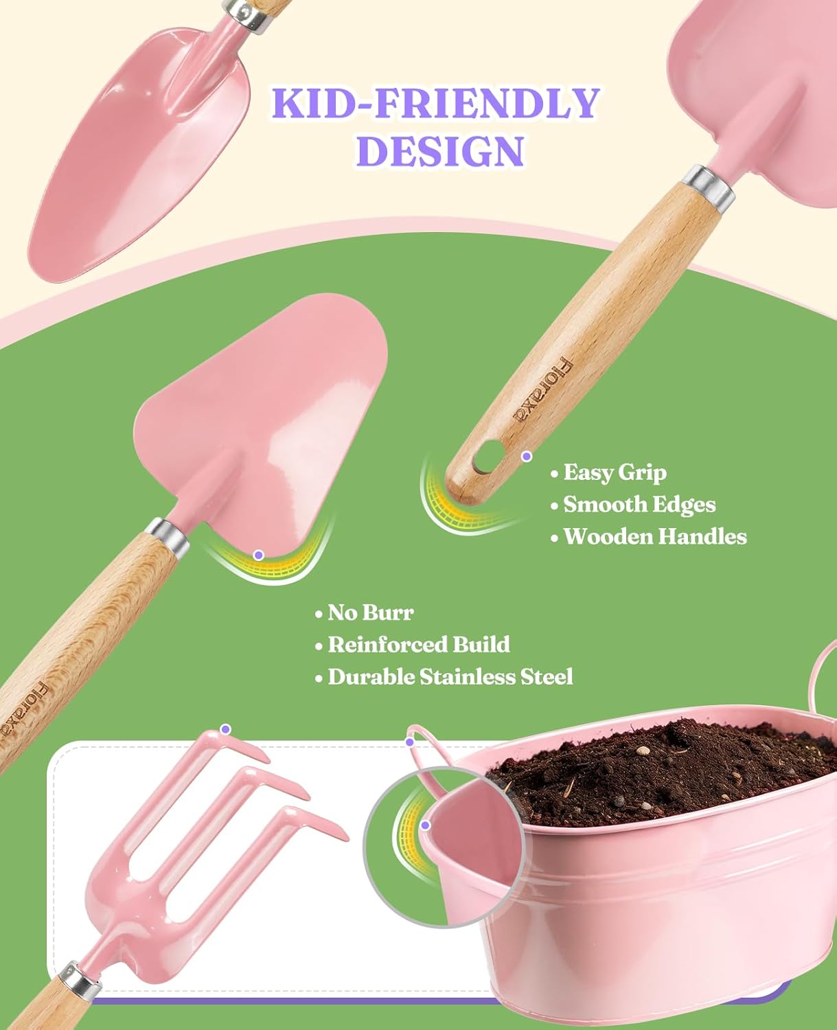 Thumbnail 4 de Floraxa 8Pcs Kids Gardening Set: Real Metal Tools with Wooden Handles & Metal Basket
