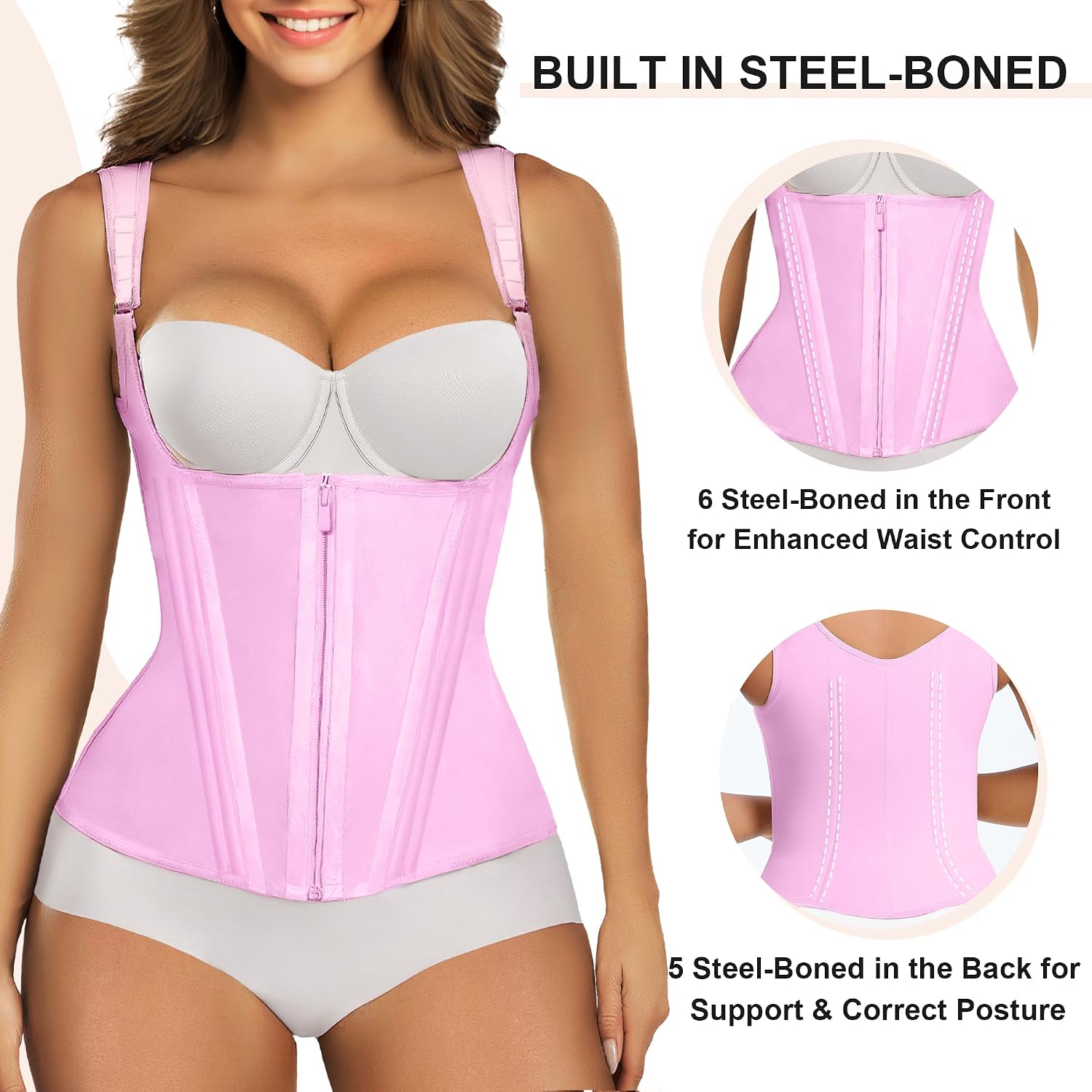 Detalle 2 de SHAPERX Waist Trainer Corset with 15 Steel Bones, Mesh Compression and Adjustable Straps