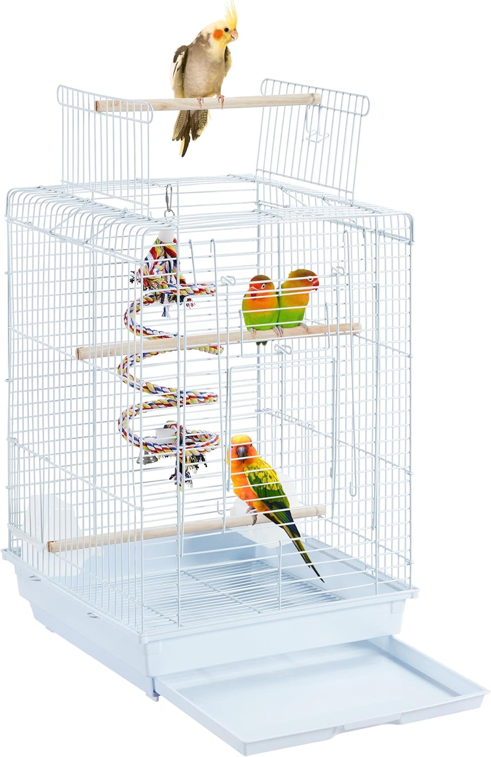 Yaheetech metal open-top small parrot cage with removable tray – white (open-top travel cage for finches, canaries & more)