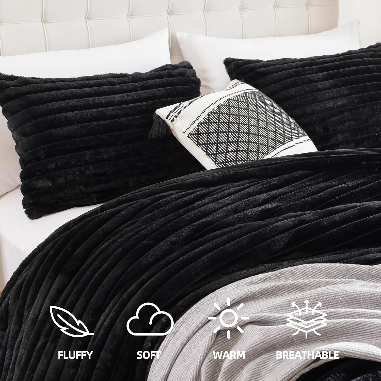 Thumbnail 1 de Smoofy Fluffy Queen Comforter Set (3-Piece) in Black Faux Fur Style
