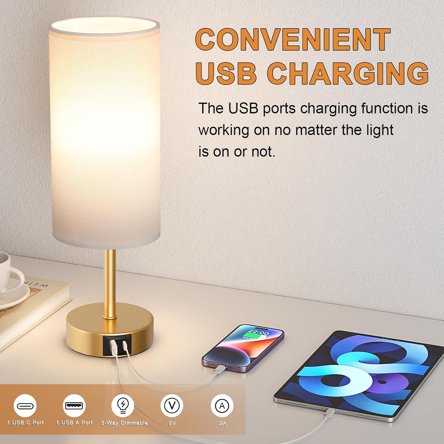 Detalle 2 de Aooshine bedside lamp set of 2, dimmable 6W