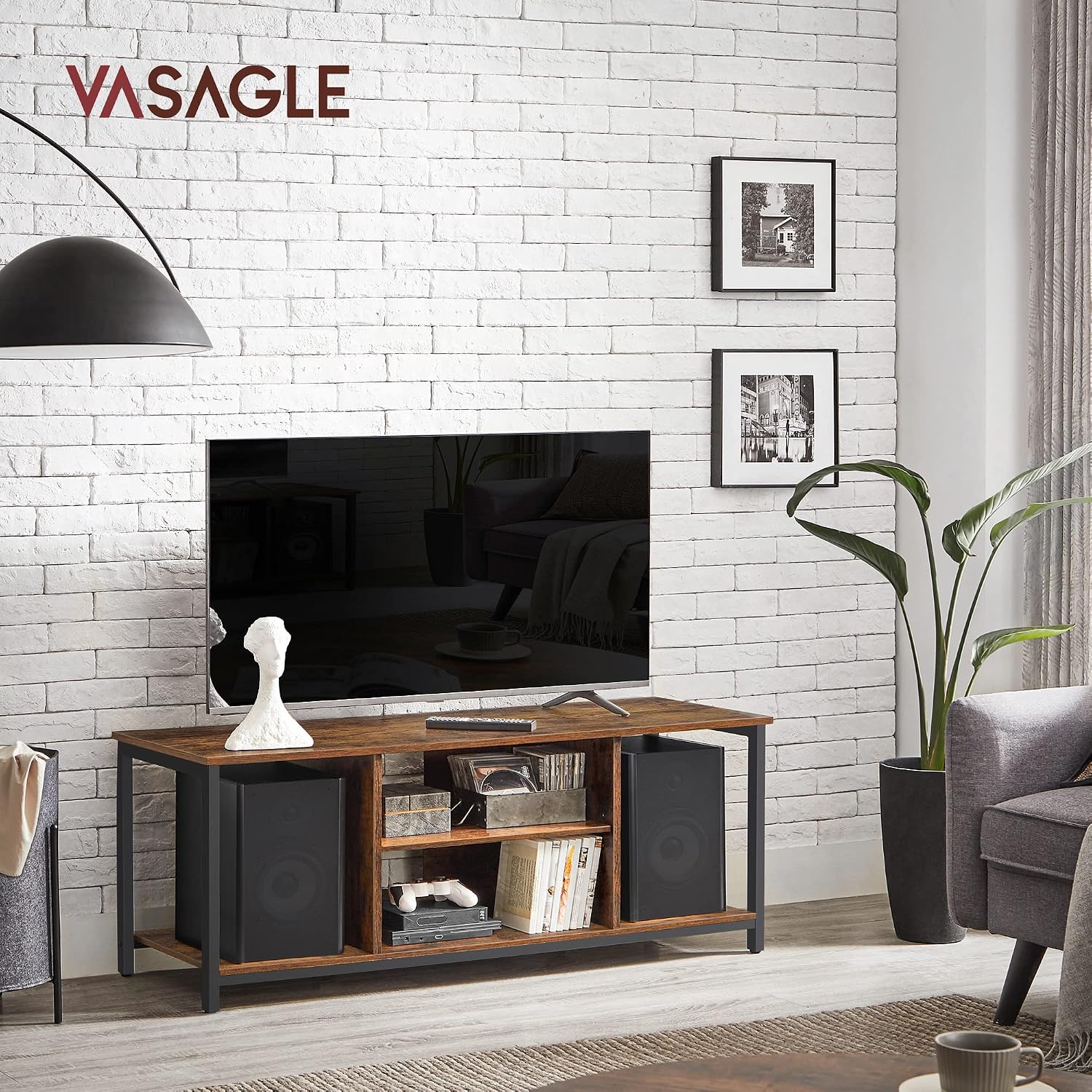 Detalle de VASAGLE LTV060B01 TV Stand, Rustic Brown and Black with Open Shelves
