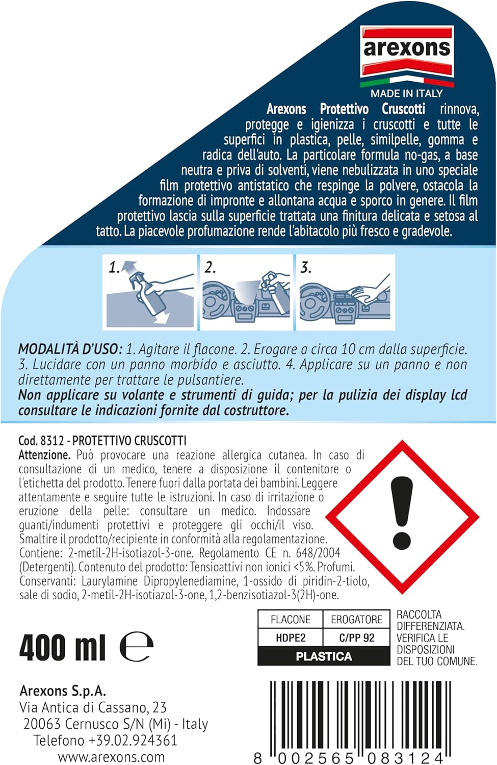 Detalle 2 de Arexons Cura Auto Protettivo Cruscotti 400 ml – Lucida, anti-impronte e antiodori per interni in plastica