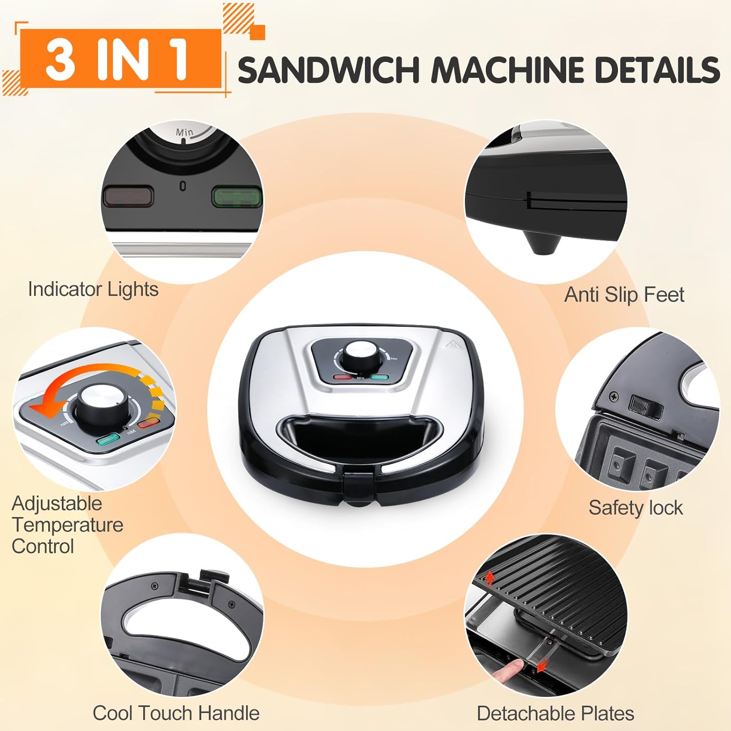 Thumbnail 2 de Mingfuxin 3-in-1 Frühstücks-Sandwichmaker mit abnehmbaren Antihaft-Platten (Waffel, Sandwich, Grill)