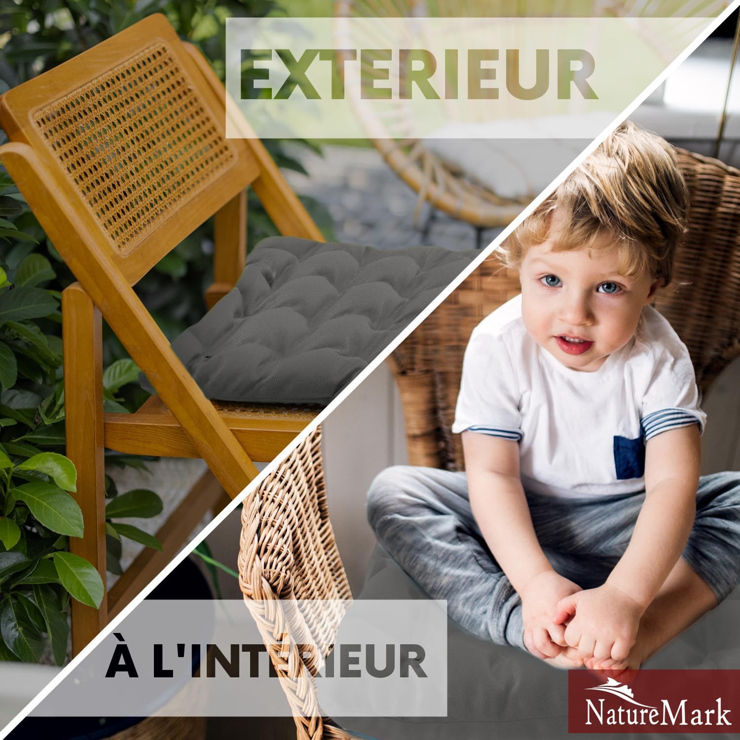Detalle de NatureMark lot de 4 galettes de chaise grises argentées 40 x 40 cm avec rubans (épaisseur 3 cm)