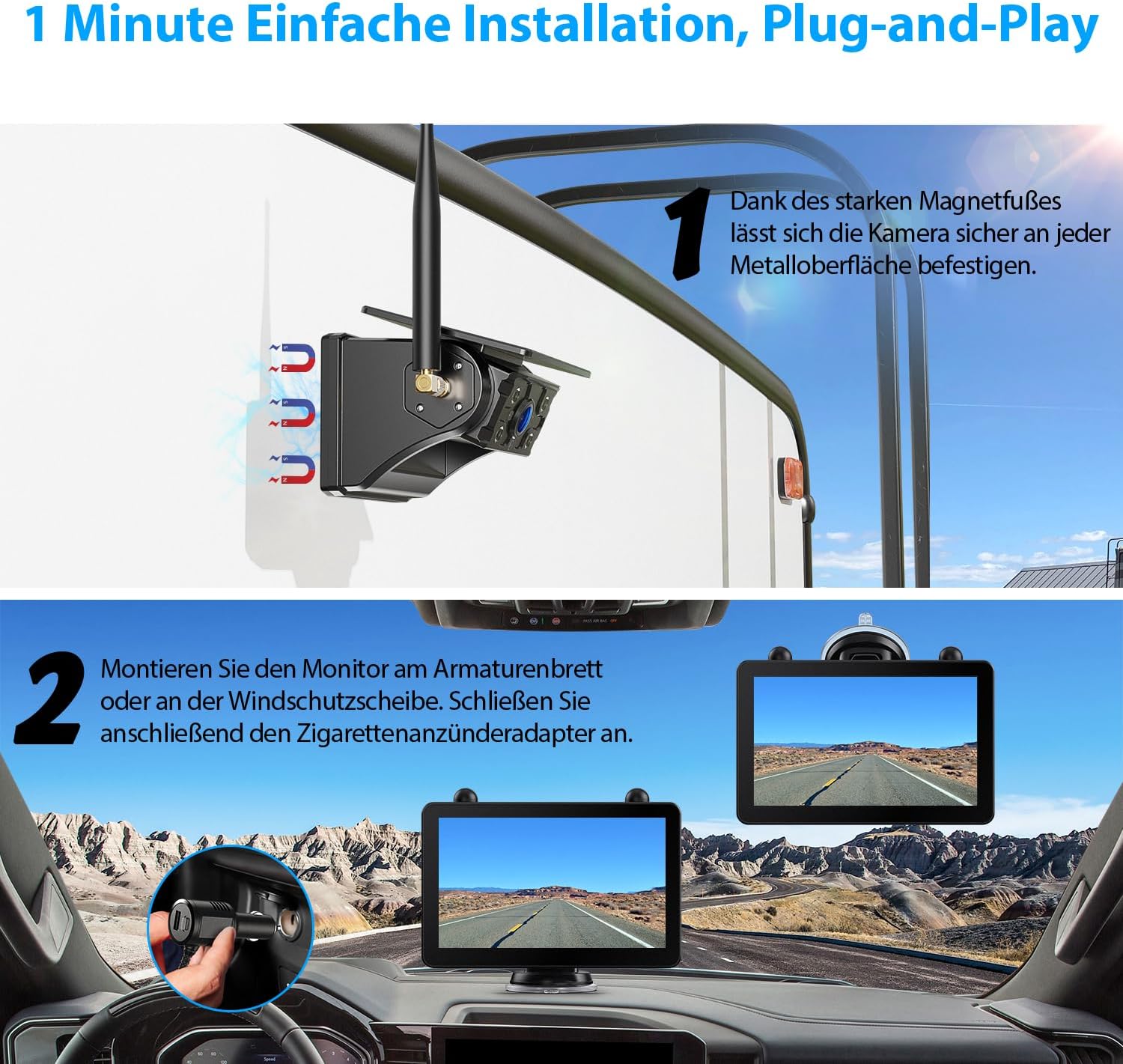 Detalle de ZEROXCLUB Rückfahrkamera kabellos Solar mit 7" Touchscreen (1080P) und 12.000-mAh-Akku