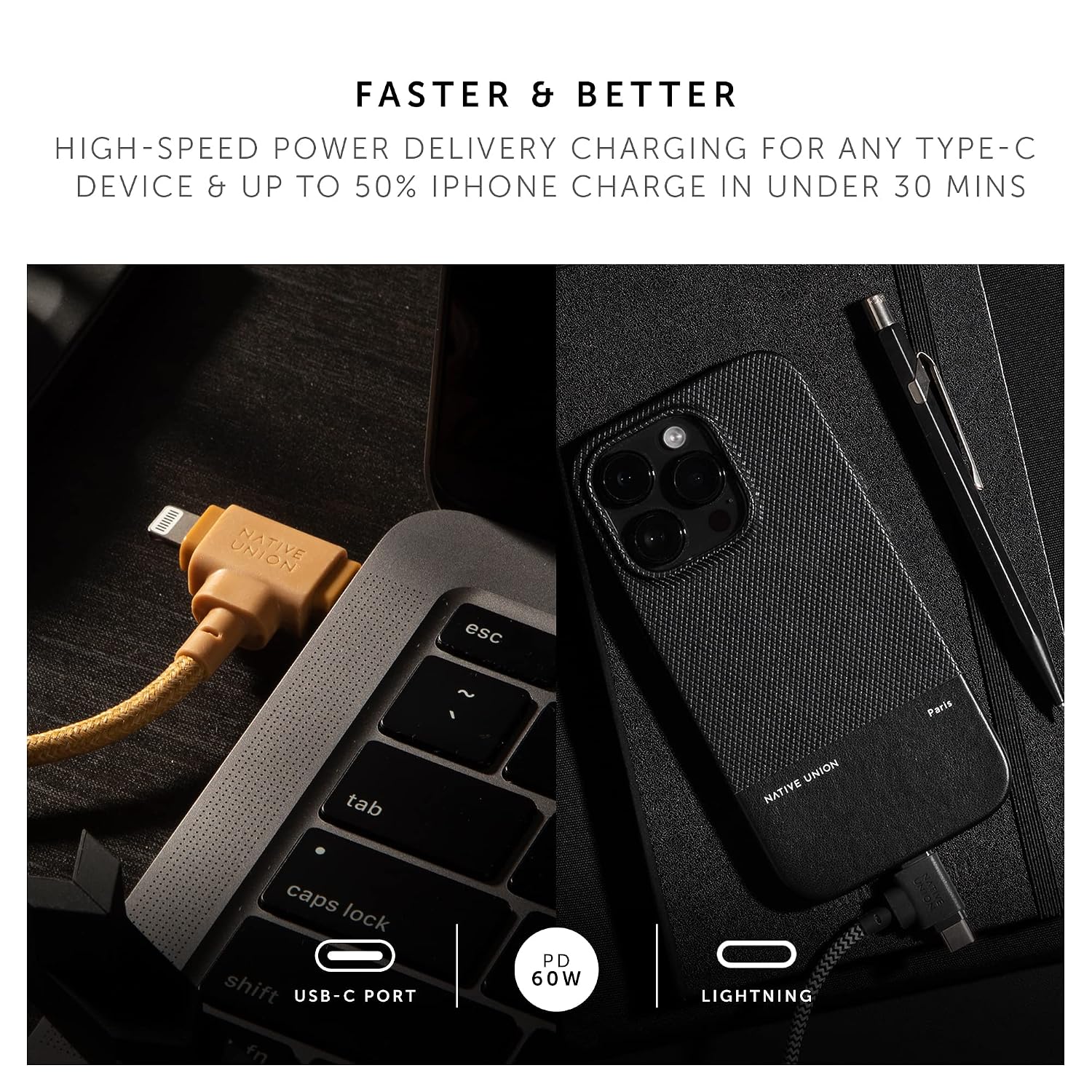 Detalle de Native Union Belt Cable Duo 1.5m/5ft ultra-strong braided 2-in-1 MFi charging cable (Lightning & Type-C) – Kraft