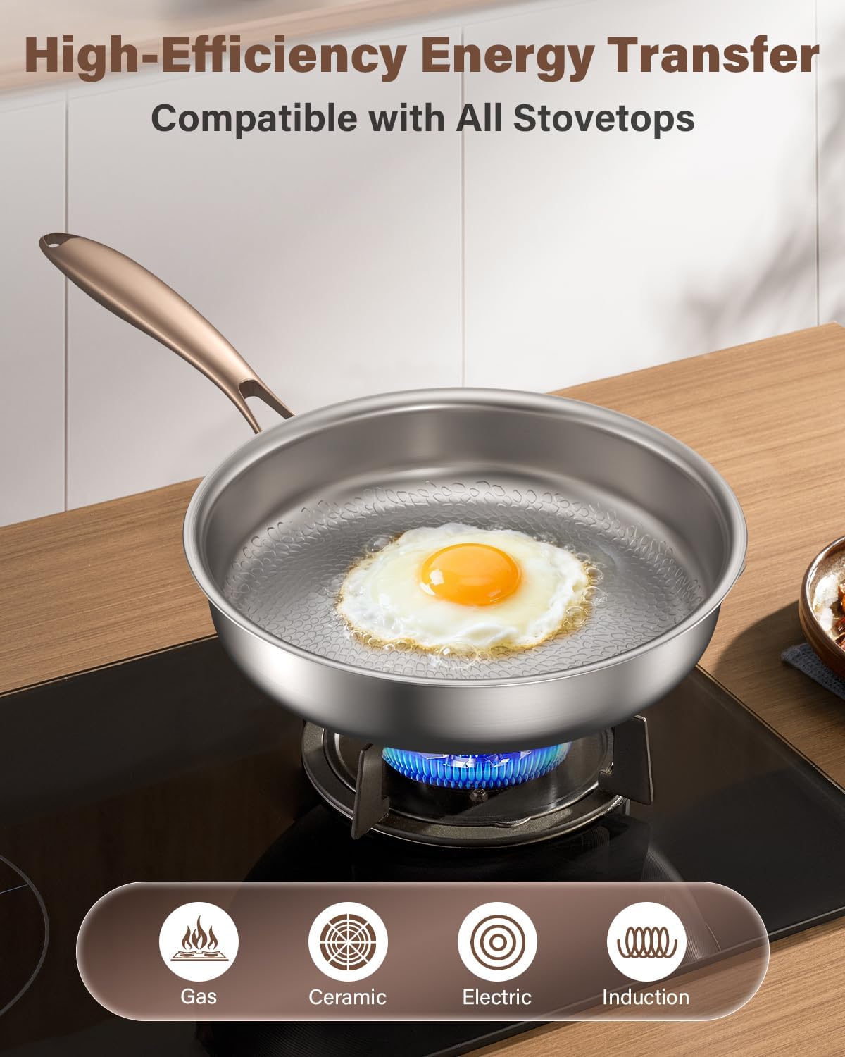 Thumbnail 3 de Akaice Titanium Frying Pan 26cm — 5 Ply, Non‑Coating, Ergonomic Rose Gold Handle