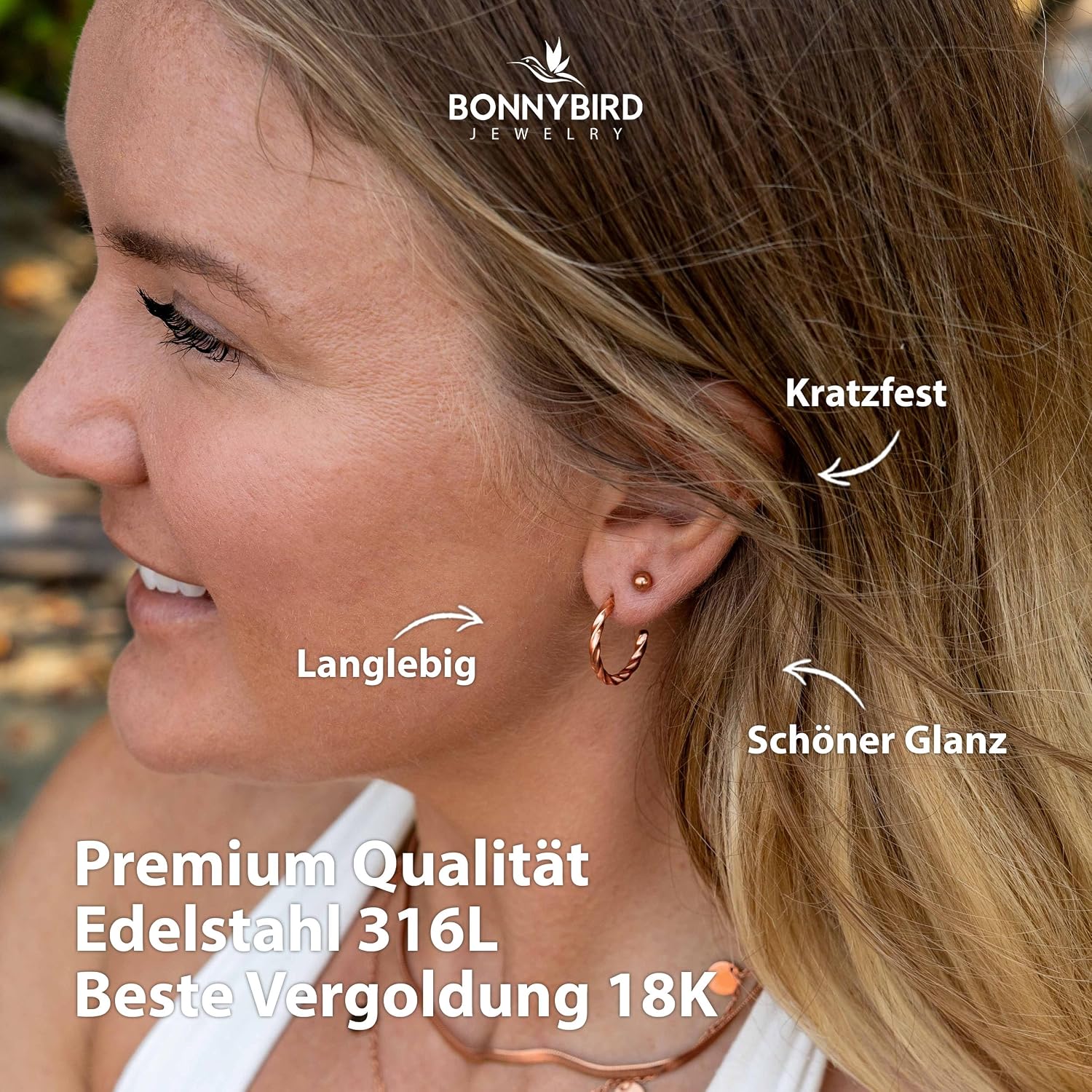 Detalle de BONNYBIRD BonnyTwist Ohrringe aus Edelstahl 316L – wasserfest, hypoallergen, extra leicht (Roségold, Silber, Gold)