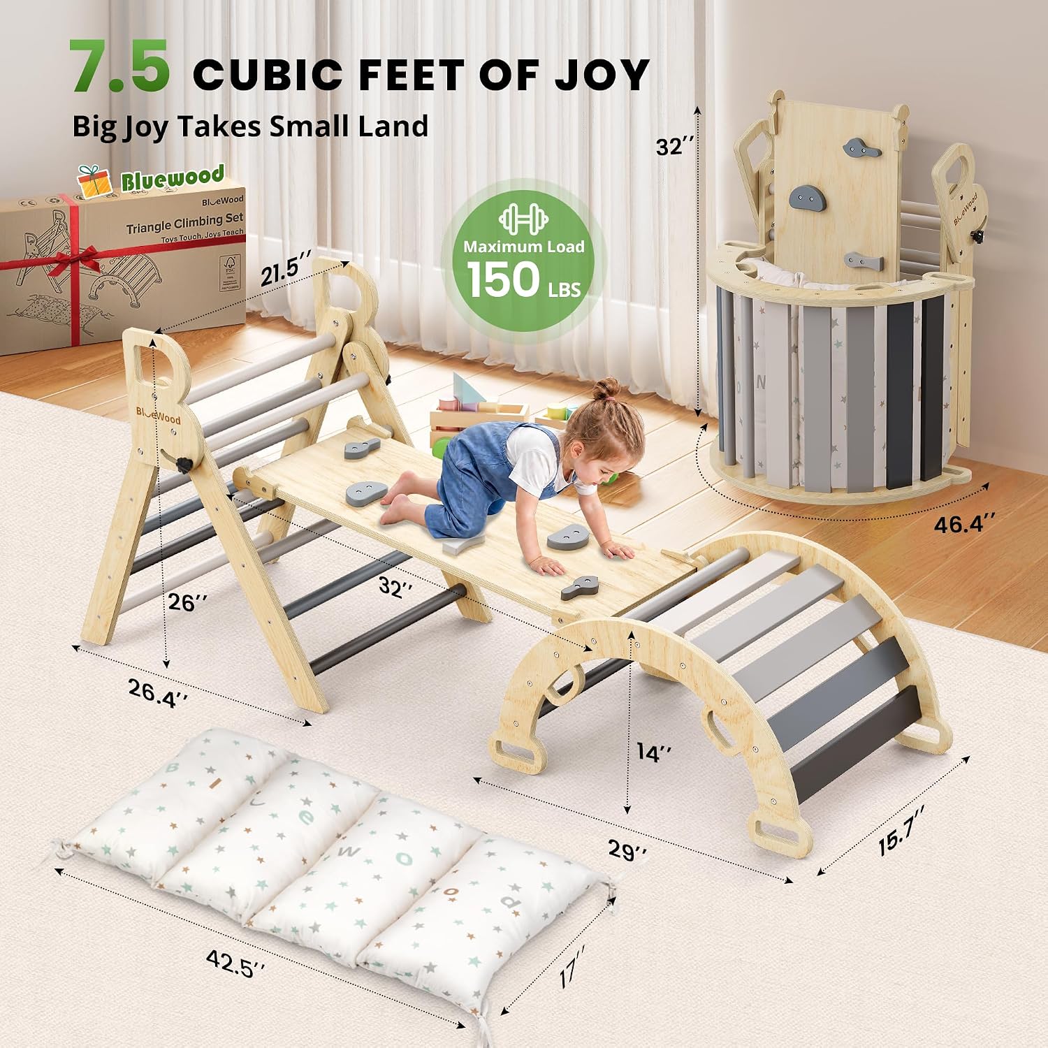 Detalle de BlueWood Pikler Triangle Set with Cushion — 8-in-1 Montessori-Inspired Climbing Toy