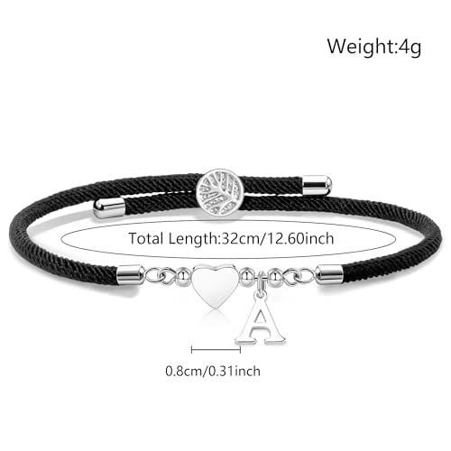 Detalle de Suonie Pulsera de Iniciales con Corazón de Plata y Cuerda Trenzada – Ajustable (3"–10")