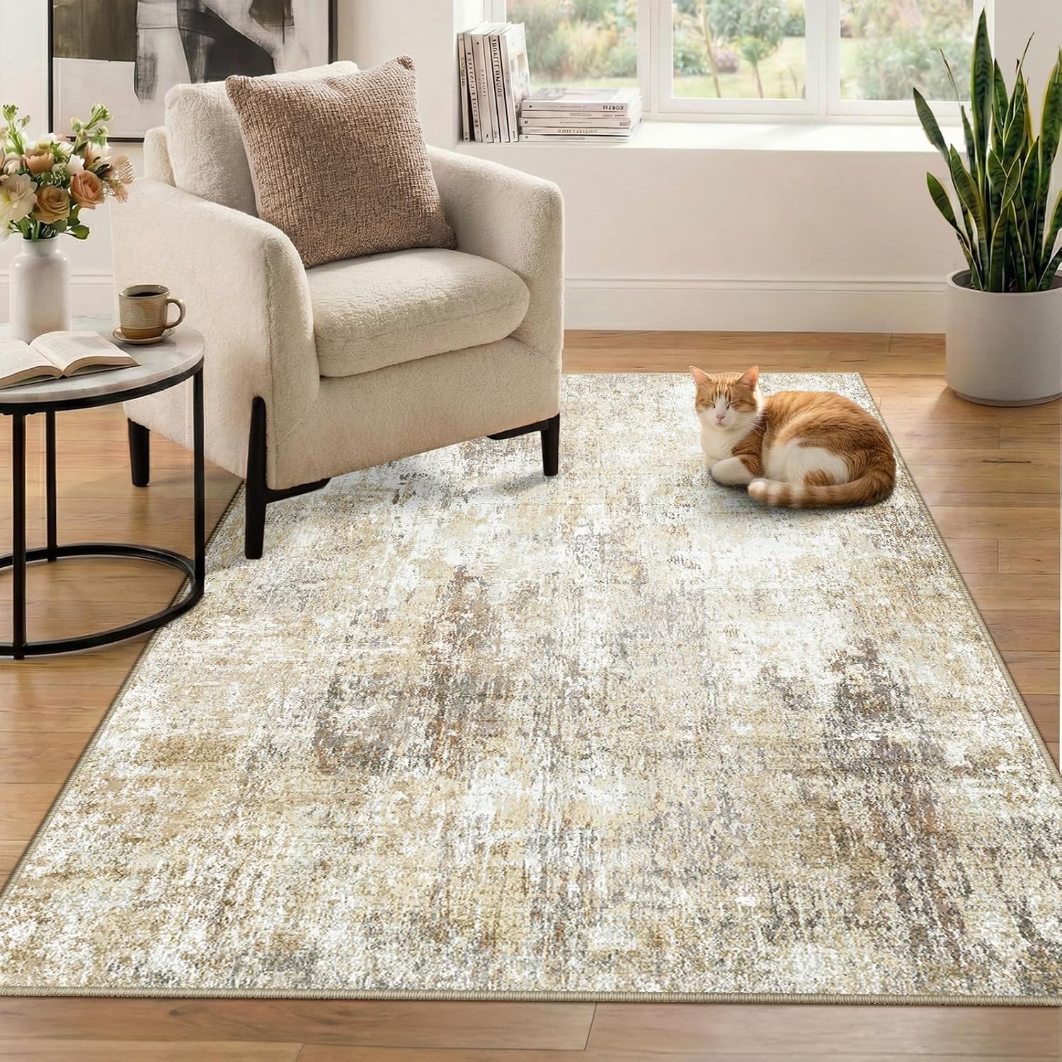 Detalle 2 de DEFYNEE Wohnzimmerteppich 150 x 210 cm – rutschfester Kurzflorteppich mit abstraktem Design, waschbar