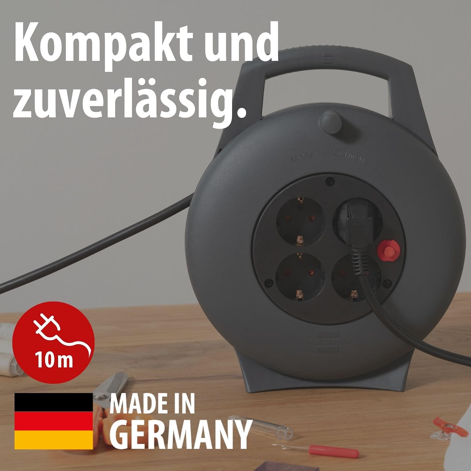 Detalle de Brennenstuhl Vario Line Kabelbox 4-fach / Mini-Kabeltrommel Indoor, 10 m Kabel, anthrazit