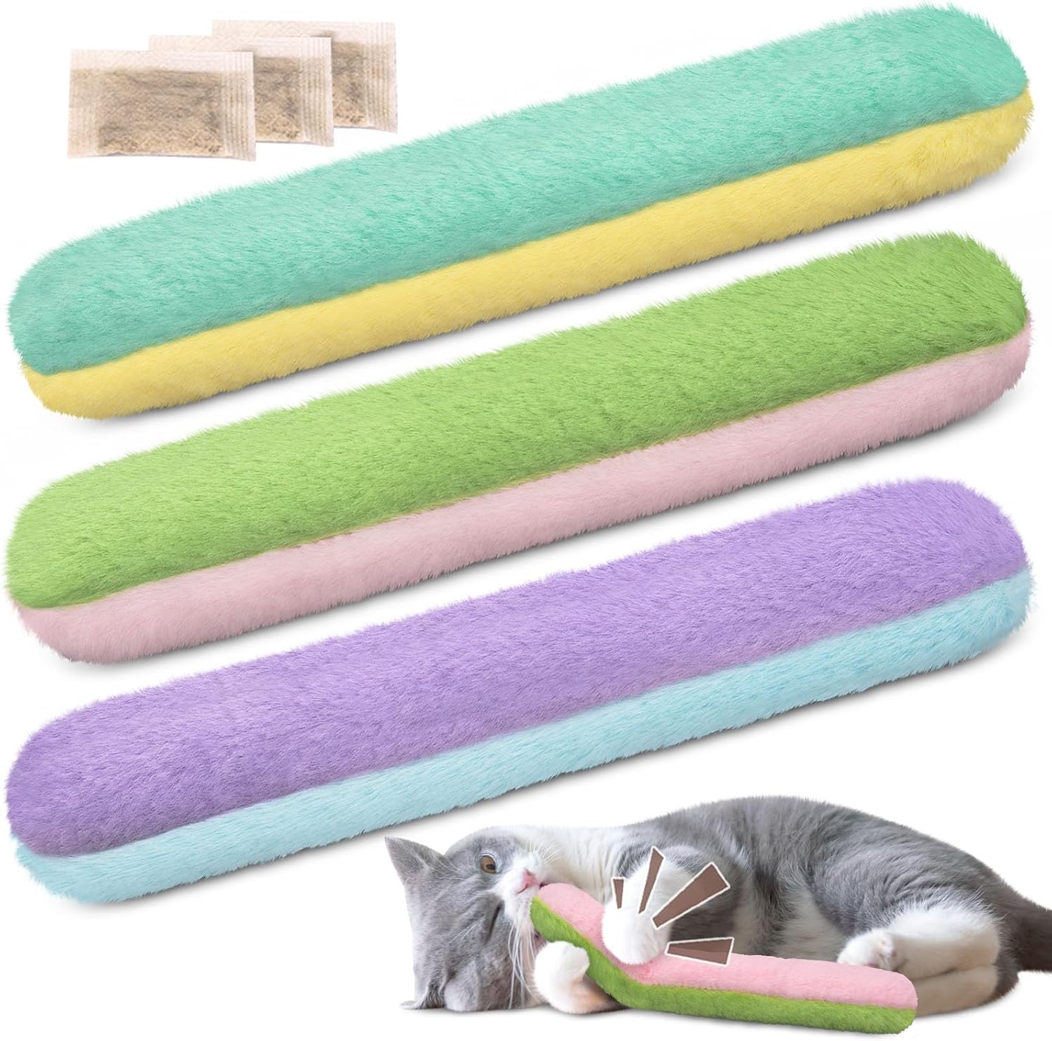 Detalle de Retro Shaw Refillable Cat Kicker Toys, 3-Pack 10.1-Inch Catnip Pillows