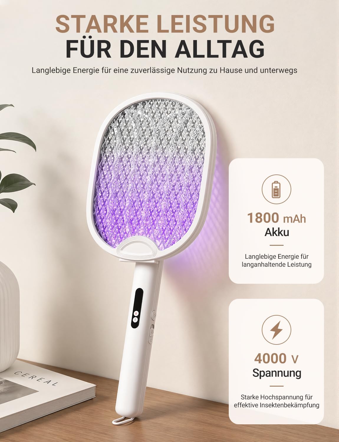 Detalle de ZOVHYYA Elektrische Fliegenklatsche 4000 V – USB-C Akku, Weiß (1800 mAh)