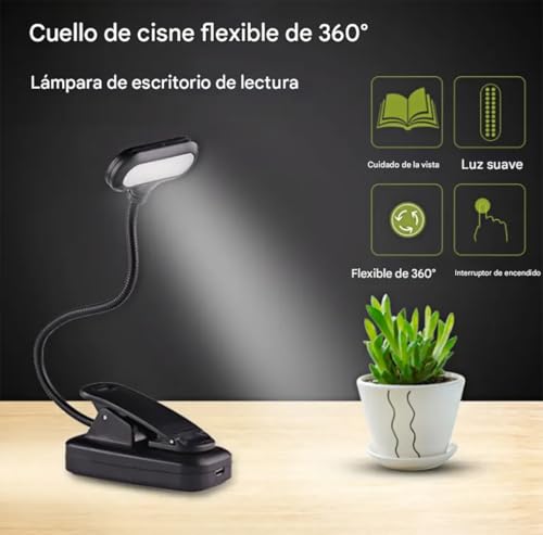 Detalle 2 de YverLand Luz de lectura con pinza y 5 LEDS, cuello flexible 360º (para cama, escritorio e infantil)