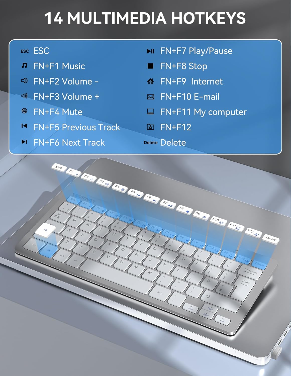 Detalle de TECKNET 2.4G Wireless Keyboard (Silver) – ultra-slim compact mini keyboard with media hotkeys