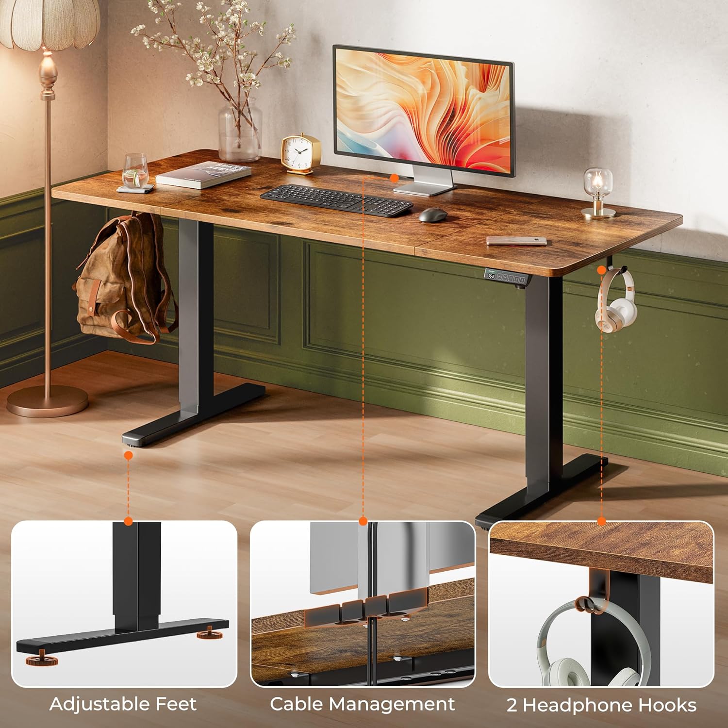 Thumbnail 6 de Huuger 63 x 28 Large Electric Standing Desk with 3 Preset Heights and LED Keypad (Rustic Brown)