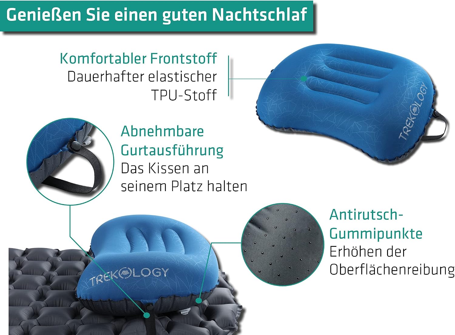 Detalle de TREKOLOGY Camping Kissen Ultraleicht (Version 2.0) – aufblasbares Nackenkissen für Camping, Trekking & Wandern