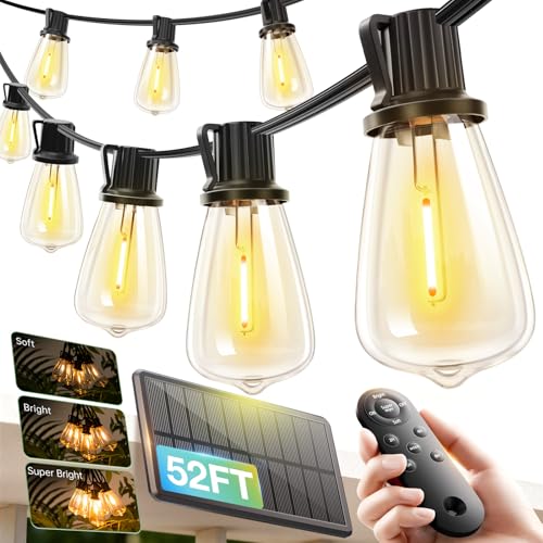 Detalle de addlon 52(48+4) FT Solar String Lights: Remote-Dimmable, All-Weather Edison-Style Outdoor Ambience
