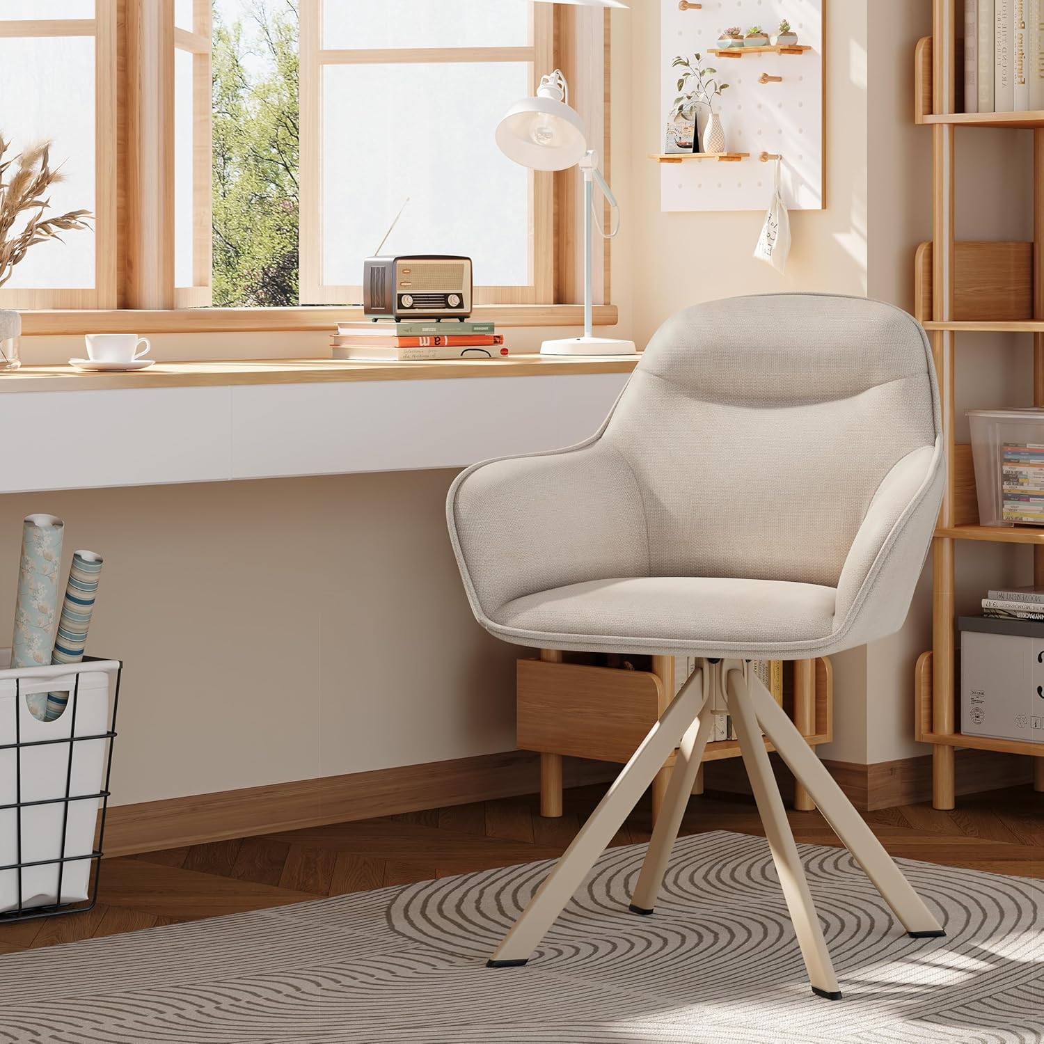 Thumbnail 6 de Goeurvant Sedia da pranzo beige con bracciolo – set da 6 sedie girevoli, imbottite in poliestere