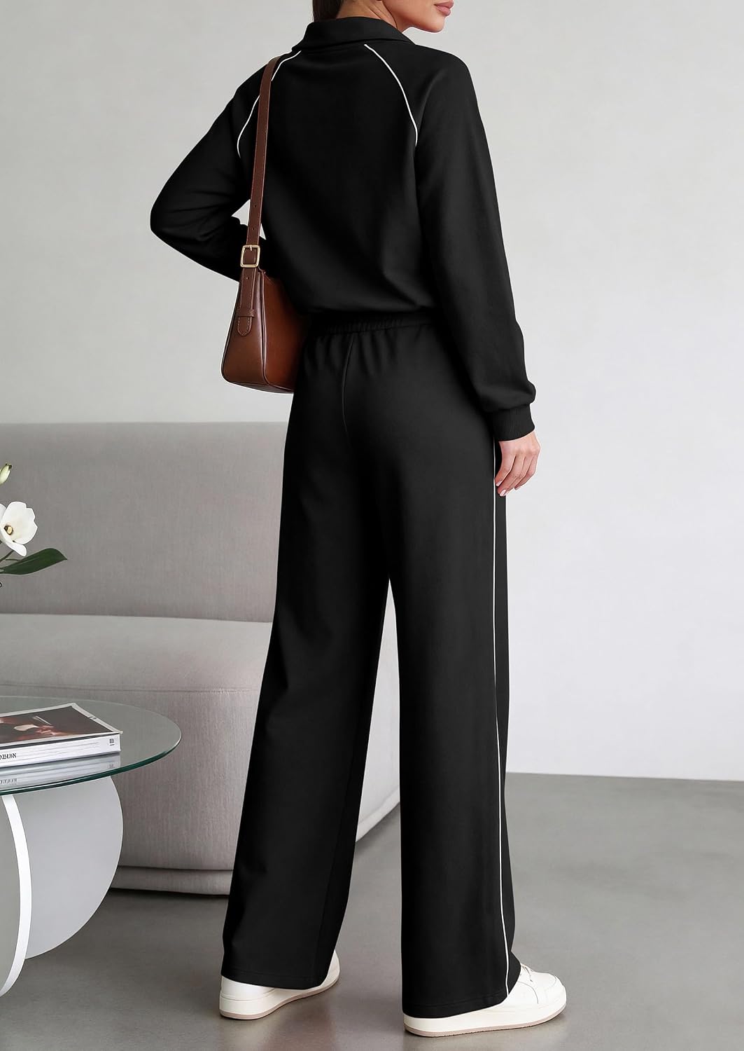 Detalle 2 de PRETTYGARDEN Women's 2 Piece Tracksuit Set: Cozy Lapel Half Zip Sweatshirt + Wide Leg Palazzo Pants