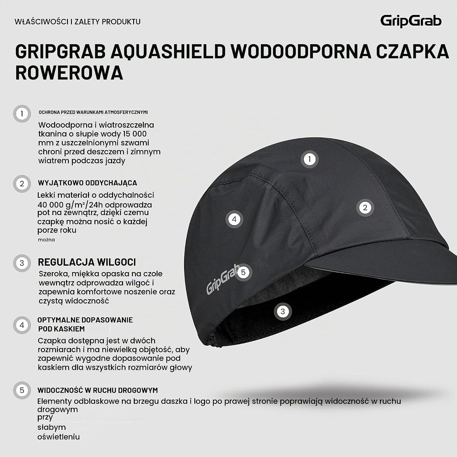 Detalle 2 de GripGrab AquaShield – wodoodporna czapka kolarska pod kask, czarna