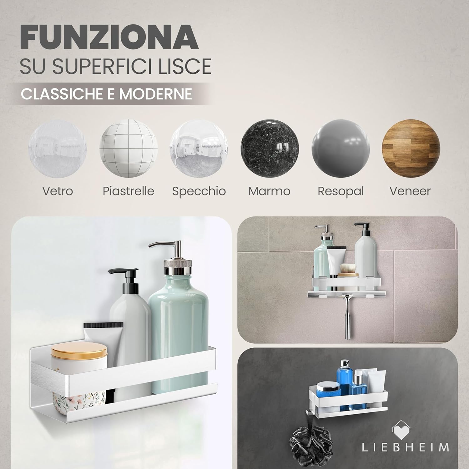 Detalle de LIEBHEIM Porta Sapone Doccia in alluminio spazzolato: mensola bagno senza foratura