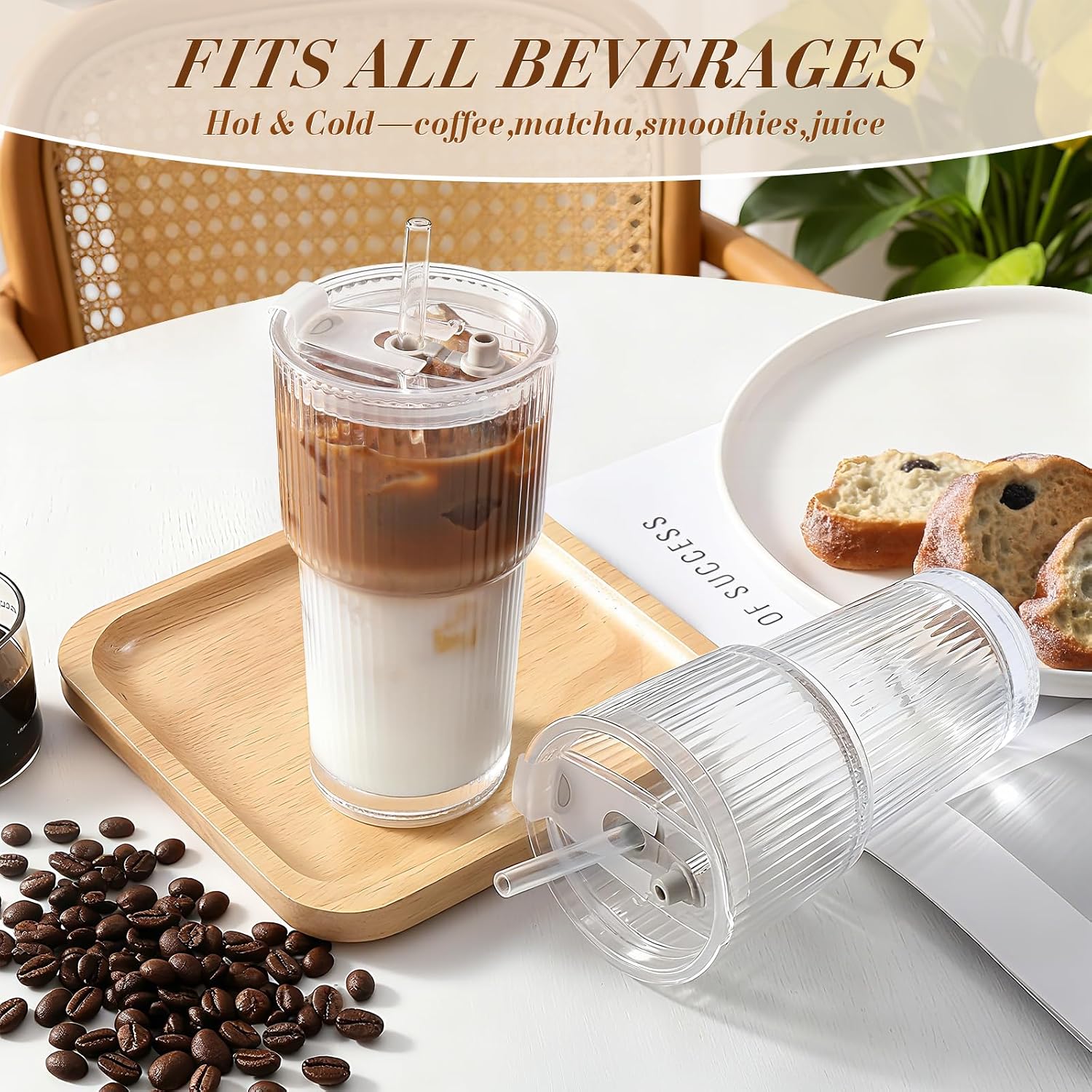 Detalle 2 de DWTS DANWEITESI S6-DDB-2G Ribbed Glass Iced Coffee Cups, 20 oz, 2-Pack