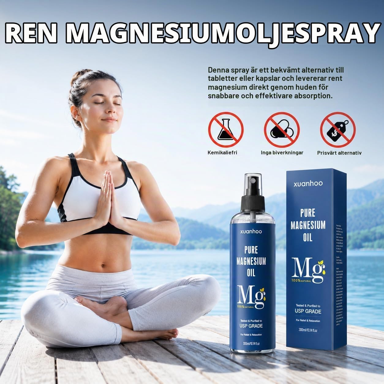 Detalle de xuanhoo magnesiumoljespray 300 ml med magnesiumklorid, alkoholfri