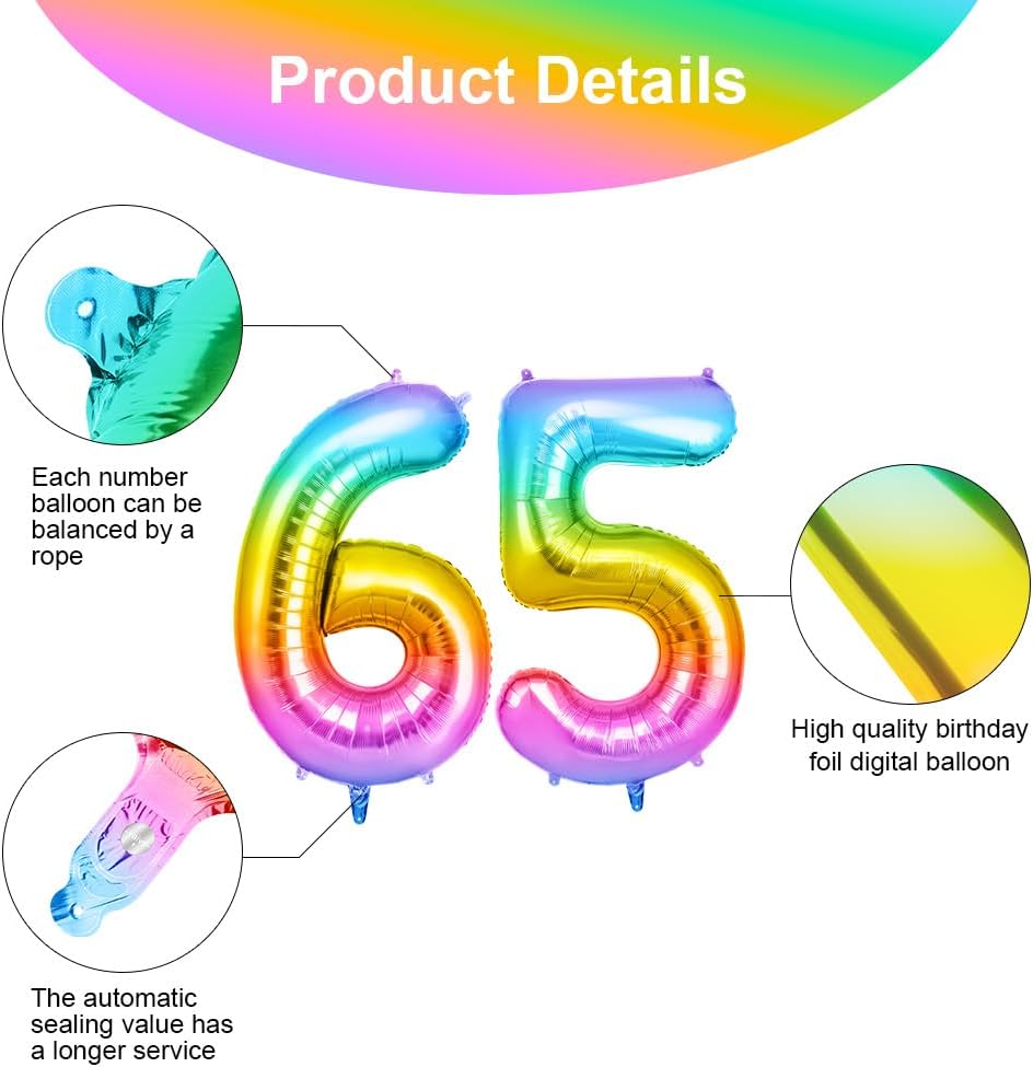 Thumbnail 2 de OFFCUP Ballon d'Anniversaire 65 Ans Arc-en-ciel — BallonFoil 101 cm, réutilisable et auto-scellant