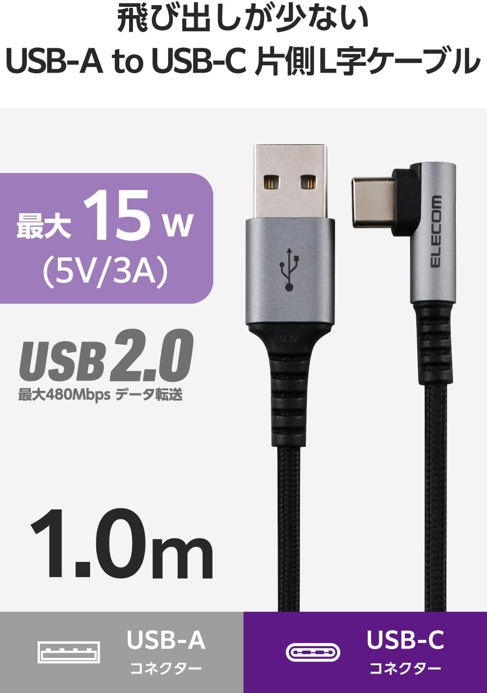 Detalle de エレコム MPA-ACECL10BK USB Type-Cケーブル 1m L字・15W・ナイロンメッシュ