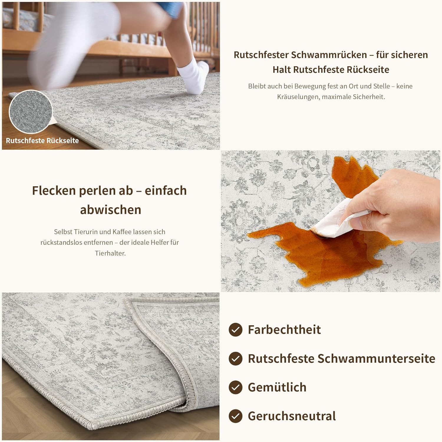 Thumbnail 6 de PureCozy Grau Teppich 200x300cm – Vintage Kurzflor, rutschfest, waschbar