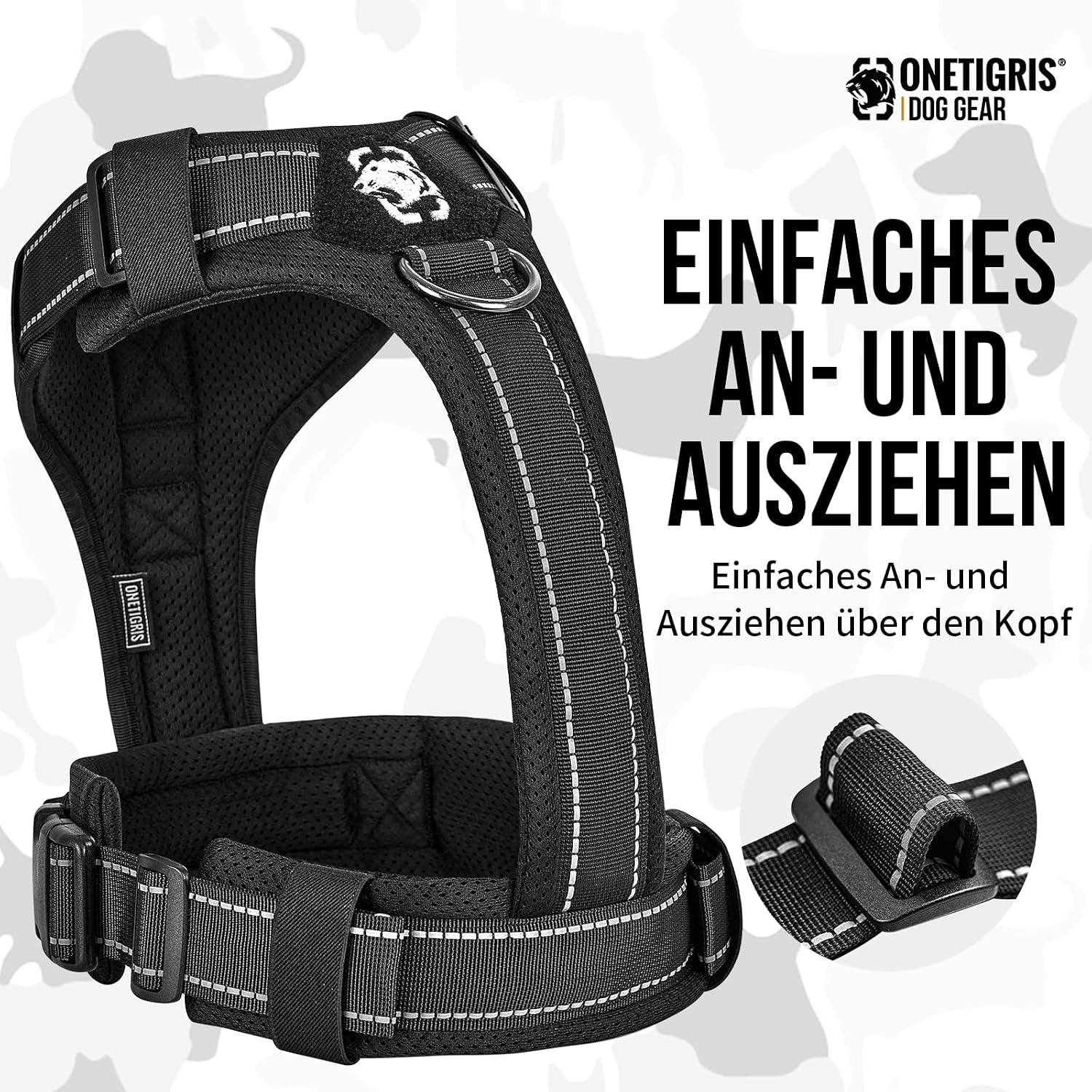 Detalle 2 de OneTigris Diesel einstellbares Hundegeschirr mit weicher Polsterung, reflektierend (Schwarz, M)